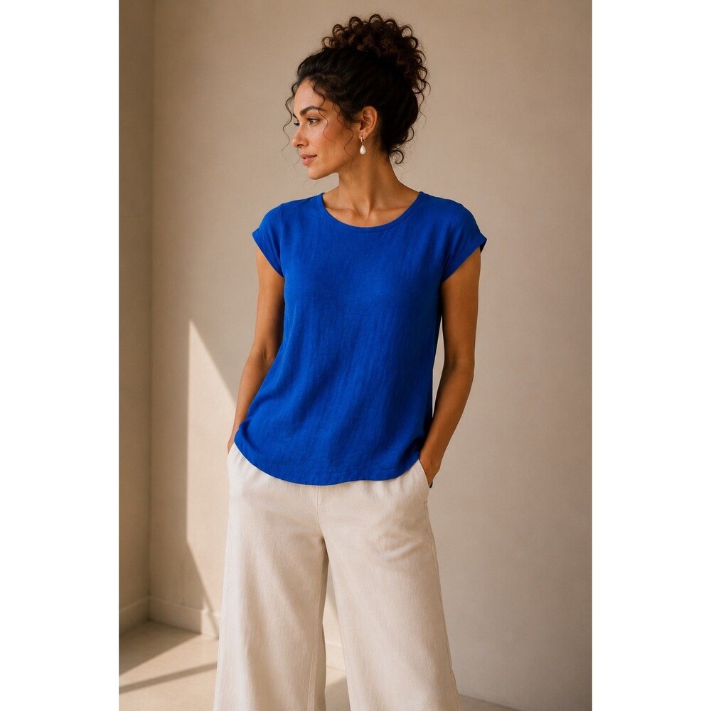 Tahari 100% Linen Top Women’s M Cobalt Blue Short Sleeve Back Button Detail